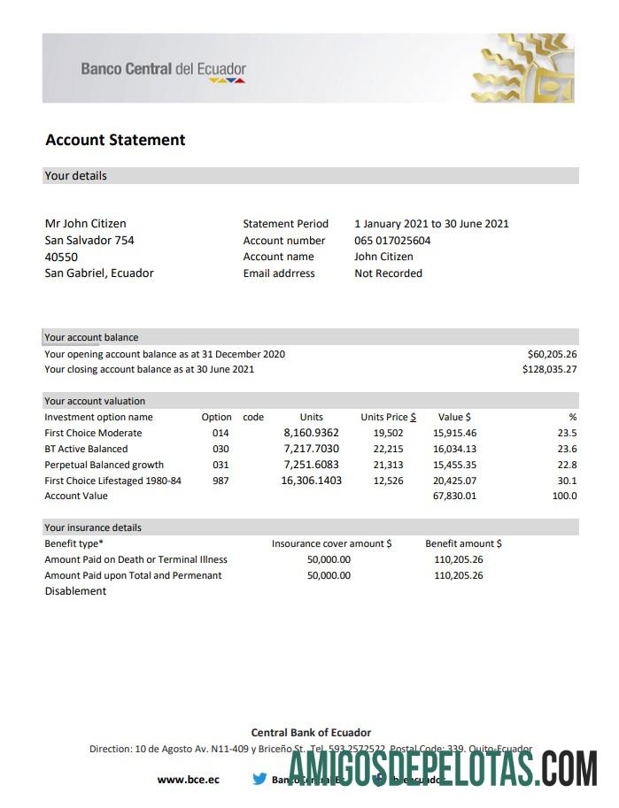 Extrato bancário do Banco Central do Equador para impressão, modelo fácil de preencher em formato Excel e PDF